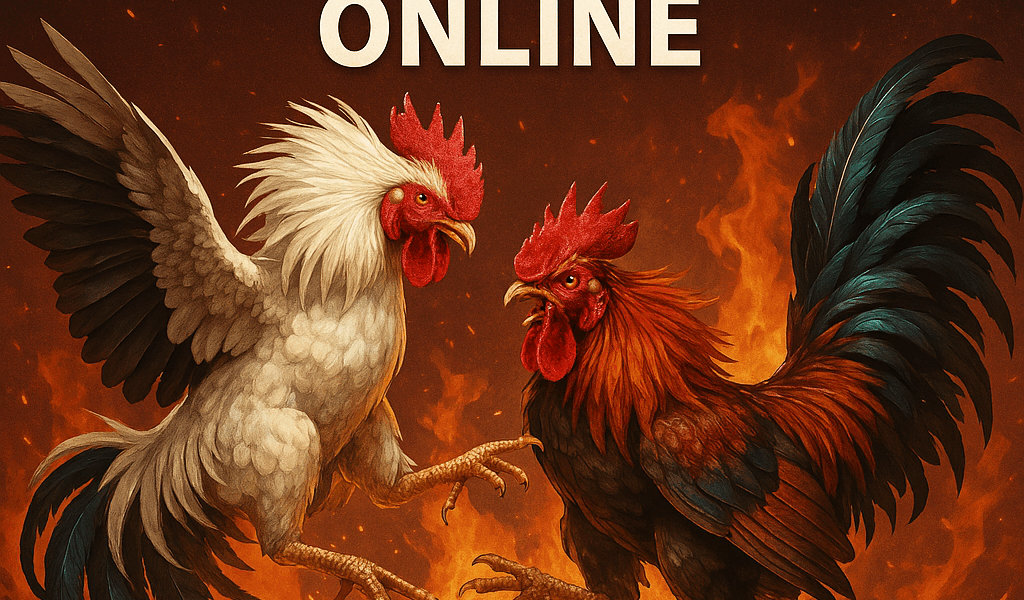 Dua ayam jago bertarung dalam pertandingan sabung ayam dengan penonton di latar belakang.