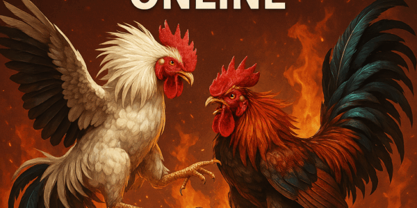 Dua ayam jago bertarung dalam pertandingan sabung ayam dengan penonton di latar belakang.