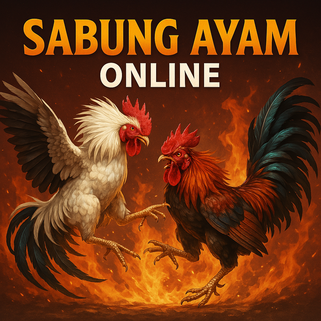 Dua ayam jago bertarung dalam pertandingan sabung ayam dengan penonton di latar belakang.